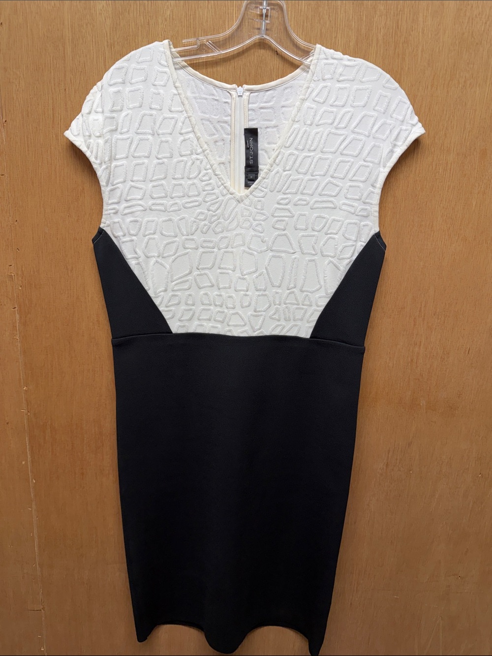 St. John White Textured V-Neck & Black Sheath Dress